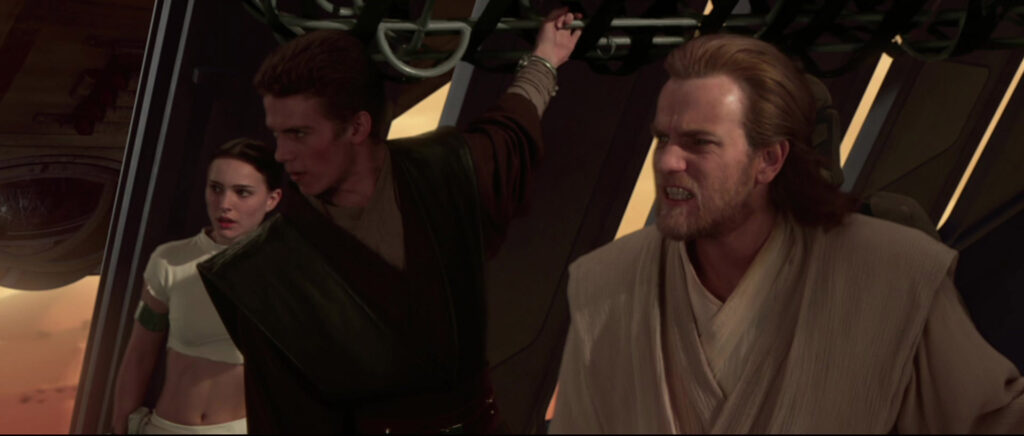 Il Generale Anakin Skywalker assieme ll'Alto Generale Obi-Wan Kenobi e la Senatrice Amidala. Prima Battaglia di Geonosis, episodio 2 "L'Attacco dei Cloni"