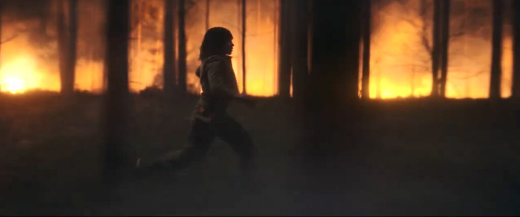 una ragazza corre tra degli alberi in fiamme