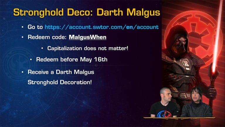 Codice per ottenere una decorazione per la propria Stronghold - Da redimere entro e non oltre il 16 Maggio
Update 7.5 Star Wars The Old Republic
aggiornamento 7.5